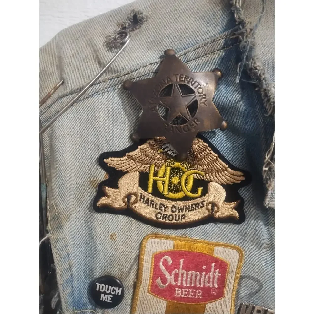 Vintage Lee Denim Vest Mens XL Blue Patches pins 70s Biker Trucker Cut Off Jean
